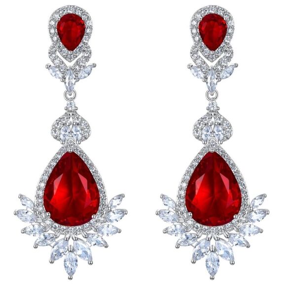 Silver with Ruby and Diamond Cubic Zirconia Vintage Style Chandelier Earrings
